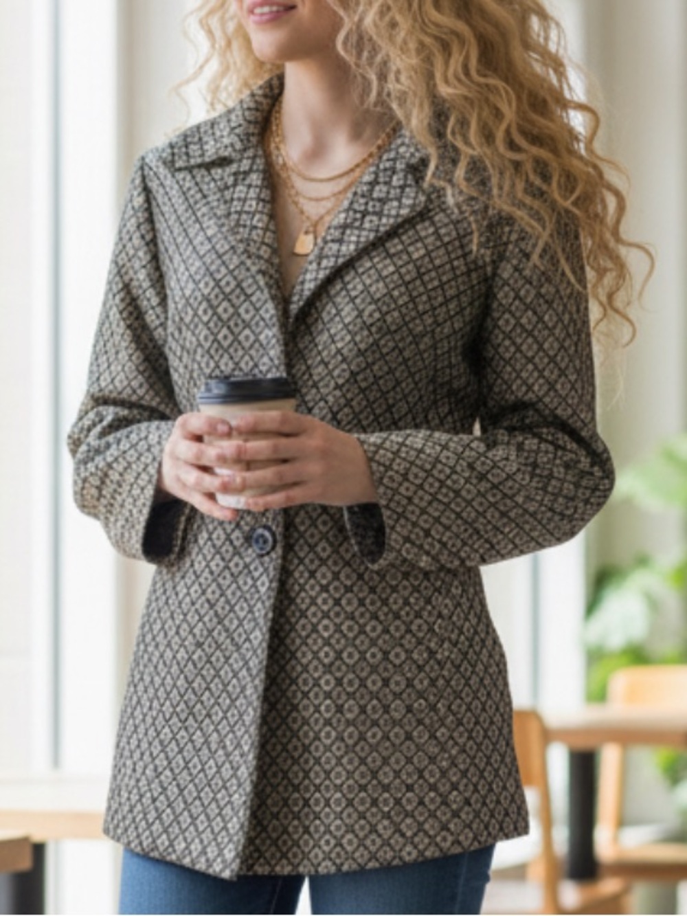PECK & PECK BLACK and White Geometric Peacoat